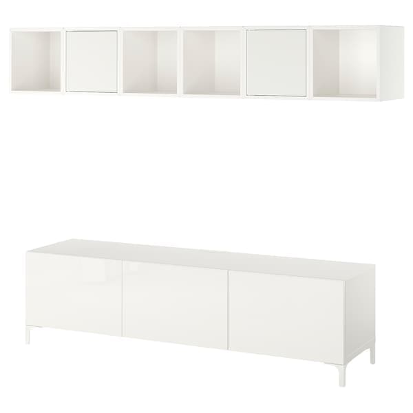 Ikea BESTÅ / EKET - TV bench, white/Selsviken/Nannarp high-gloss/white frosted glass, 180x42x48 cm