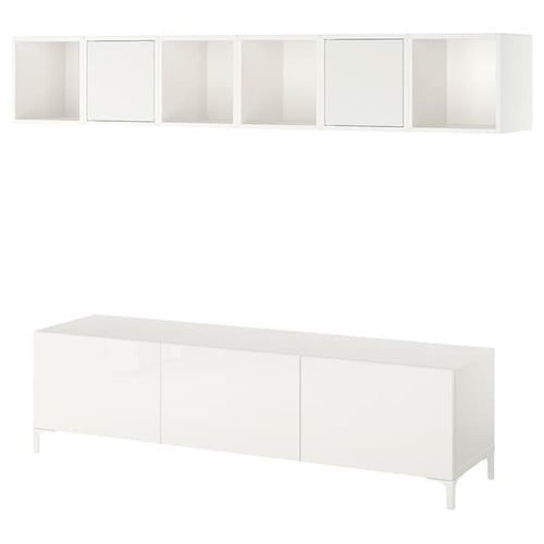 BESTÅ / EKET - TV bench, white/Selsviken/Nannarp high-gloss/white frosted glass, 180x42x48 cm