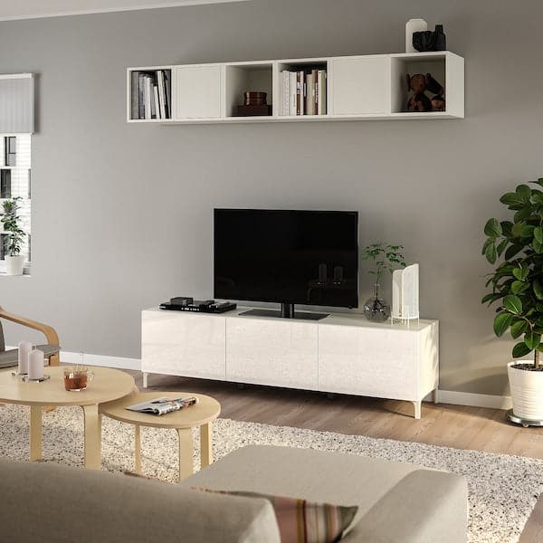 Ikea BESTÅ / EKET - TV bench, white/Selsviken/Nannarp high-gloss/white frosted glass, 180x42x48 cm