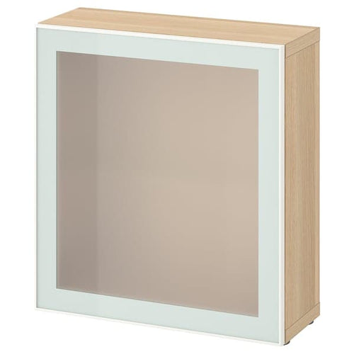 BESTÅ - BESTÅ Shelf unit with glass door, white stained oak effect Glassvik/white/light green frosted glass, 60x22x64 cm