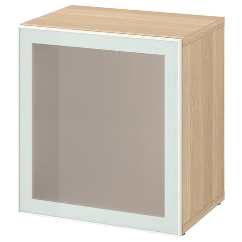 BESTÅ - Shelf unit with glass door, white stained oak effect Glassvik/white/light green frosted glass, 60x42x64 cm