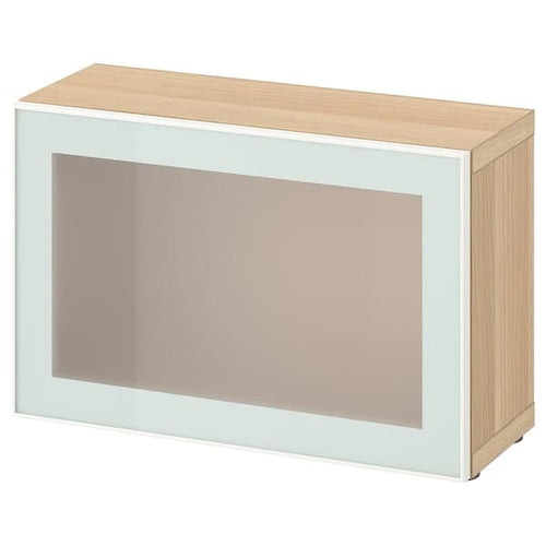 BESTÅ - Shelf unit with glass door, white stained oak effect Glassvik/white/light green frosted glass, 60x22x38 cm