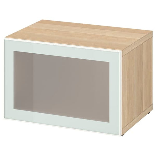 BESTÅ - Shelf unit with glass door, white stained oak effect Glassvik/white/light green frosted glass, 60x42x38 cm