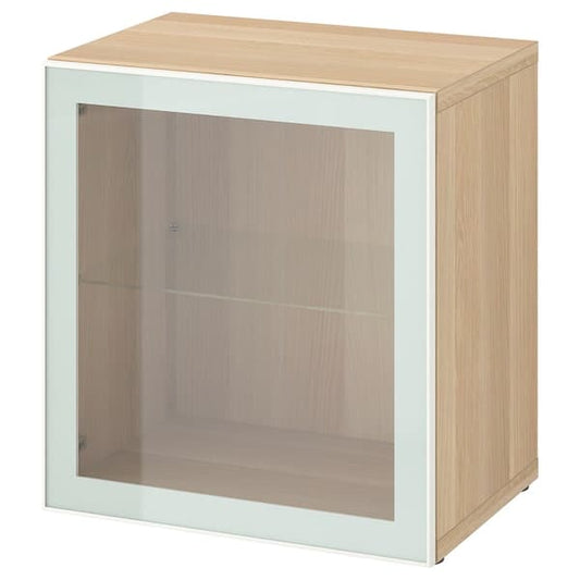 BESTÅ - Shelf unit with glass door, white stained oak effect Glassvik/white/light green clear glass, 60x42x64 cm - best price from Maltashopper.com 59490474