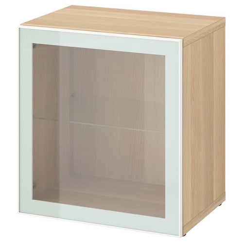 BESTÅ - Shelf unit with glass door, white stained oak effect Glassvik/white/light green clear glass, 60x42x64 cm