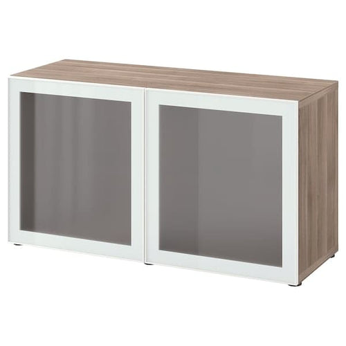 BESTÅ - Cabinet with glass doors, grey stained walnut effect / Glassvik white / frosted glass, 120x42x64 cm