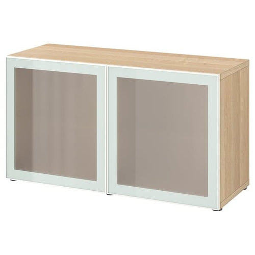 BESTÅ - Shelf unit with glass doors, white stained oak effect Glassvik/white/light green frosted glass, 120x42x64 cm