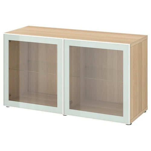 BESTÅ - Shelf unit with glass doors, white stained oak effect Glassvik/white/light green clear glass, 120x42x64 cm