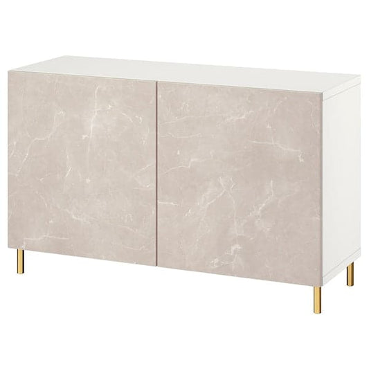 Ikea BESTÅ - Cabinet with doors, white Bergsviken/Ösarp/beige marble effect, , 120x42x74 cm