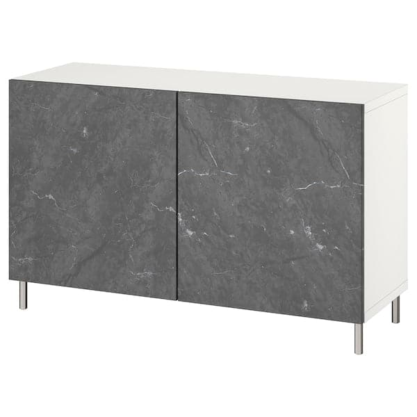 BESTÅ - Storage combination with doors, white Bergsviken/Ösarp/black marble effect, 120x42x74 cm