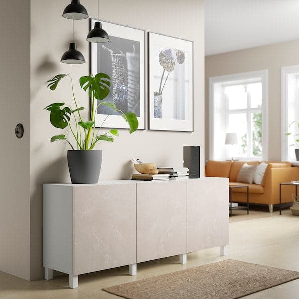Ikea BESTÅ - Cabinet with doors, white Bergsviken/Stubbarp/beige marble effect, , 180x42x74 cm