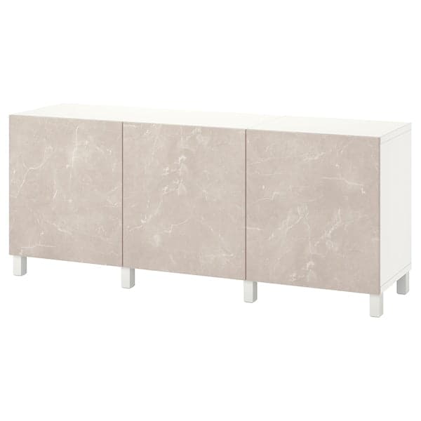 BESTÅ - Cabinet with doors, white Bergsviken/Stubbarp/beige marble effect, , 180x42x74 cm - best price from Maltashopper.com 49421749