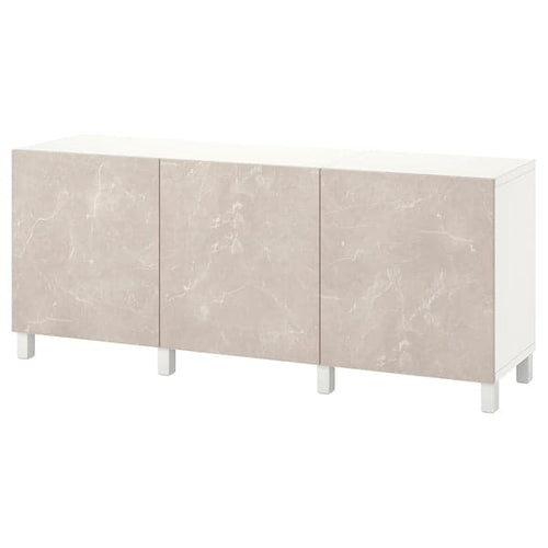 BESTÅ - Cabinet with doors, white Bergsviken/Stubbarp/beige marble effect, , 180x42x74 cm