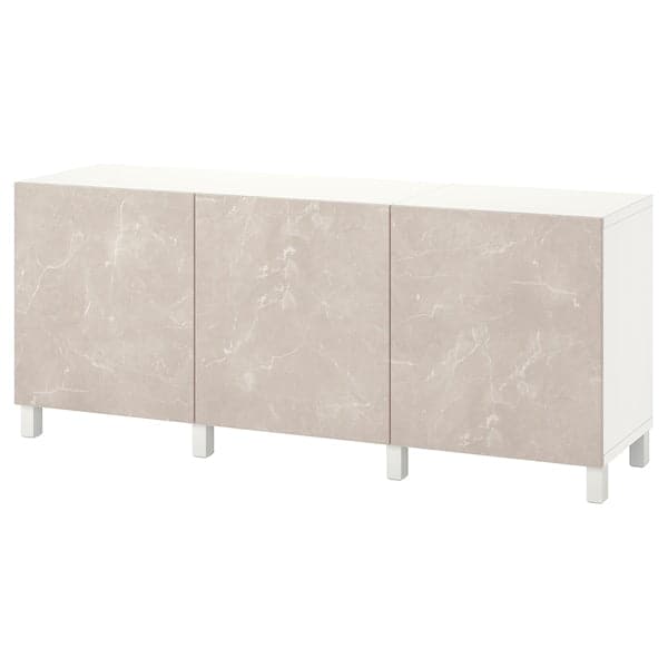 BESTÅ - Cabinet with doors, white Bergsviken/Stubbarp/beige marble effect, , 180x42x74 cm