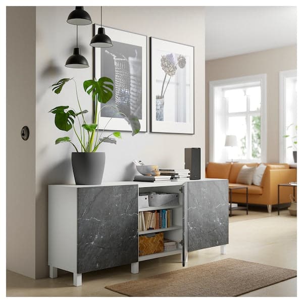 BESTÅ - Storage combination with doors, white Bergsviken/Stubbarp/black marble effect, 180x42x74 cm - best price from Maltashopper.com 29421750