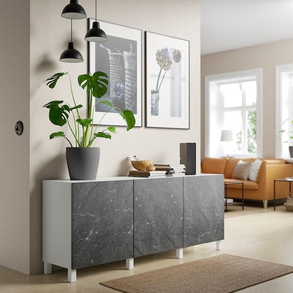 BESTÅ - Storage combination with doors, white Bergsviken/Stubbarp/black marble effect, 180x42x74 cm - best price from Maltashopper.com 29421750