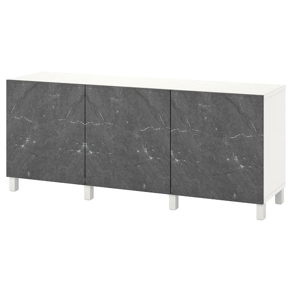 BESTÅ - Storage combination with doors, white Bergsviken/Stubbarp/black marble effect, 180x42x74 cm - best price from Maltashopper.com 29421750