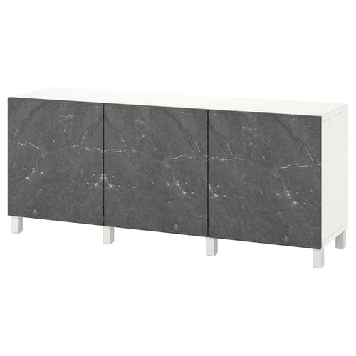 BESTÅ - Storage combination with doors, white Bergsviken/Stubbarp/black marble effect, 180x42x74 cm