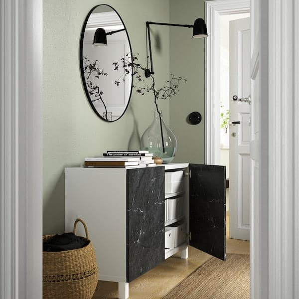 Ikea BESTÅ - Storage combination with doors, white Bergsviken/Stubbarp/black marble effect, 120x42x74 cm