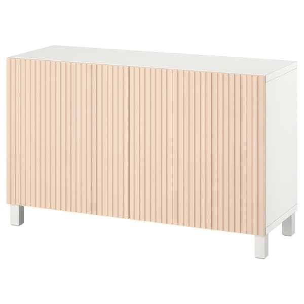 BESTÅ - Storage combination with doors, white/Björköviken/Stubbarp birch veneer, 120x42x74 cm