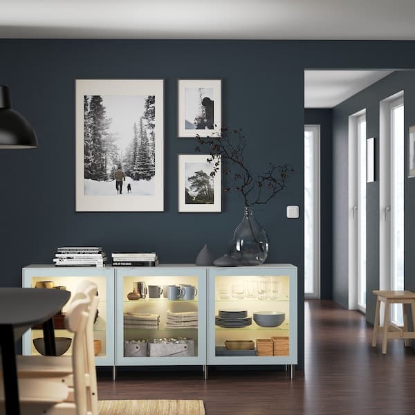 BESTÅ - Storage combination with doors, white Glassvik/Ösarp/light grey-blue clear glass, 180x42x74 cm - best price from Maltashopper.com 09421770
