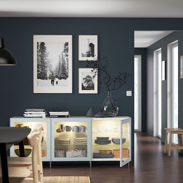 BESTÅ - Storage combination with doors, white Glassvik/Ösarp/light grey-blue clear glass, 180x42x74 cm - best price from Maltashopper.com 09421770
