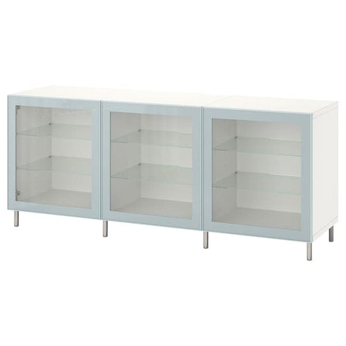 BESTÅ - Storage combination with doors, white Glassvik/Ösarp/light grey-blue clear glass, 180x42x74 cm