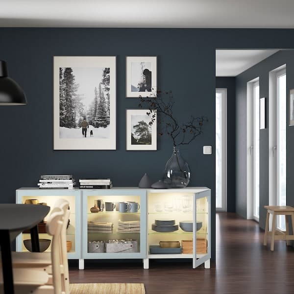 Ikea BESTÅ - Storage combination with doors, white Glassvik/Stubbarp/light grey-blue clear glass, 180x42x74 cm