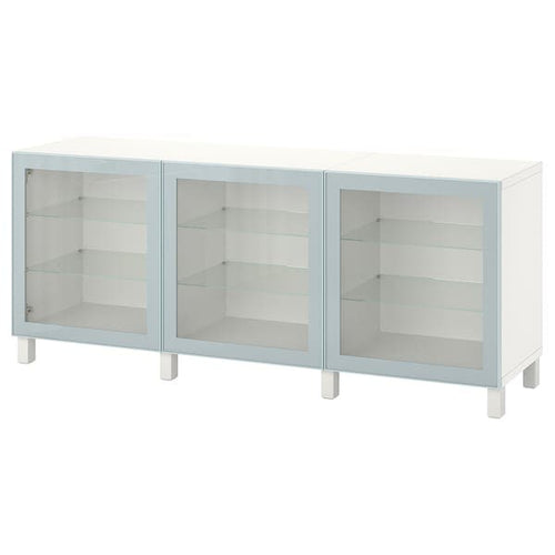 BESTÅ - Storage combination with doors, white Glassvik/Stubbarp/light grey-blue clear glass, 180x42x74 cm