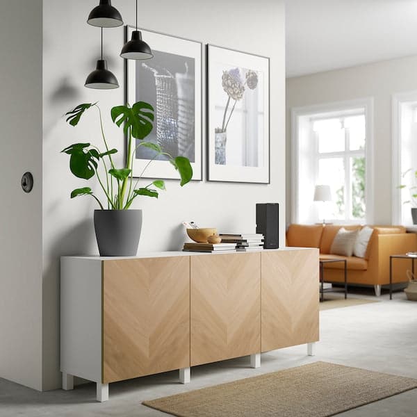 Ikea BESTÅ - Storage combination with doors, white/Hedeviken/Stubbarp oak veneer, 180x42x74 cm