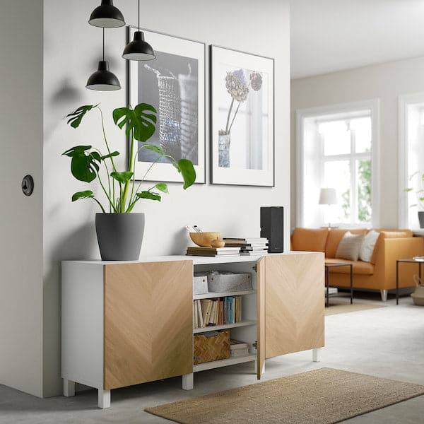 Ikea BESTÅ - Storage combination with doors, white/Hedeviken/Stubbarp oak veneer, 180x42x74 cm
