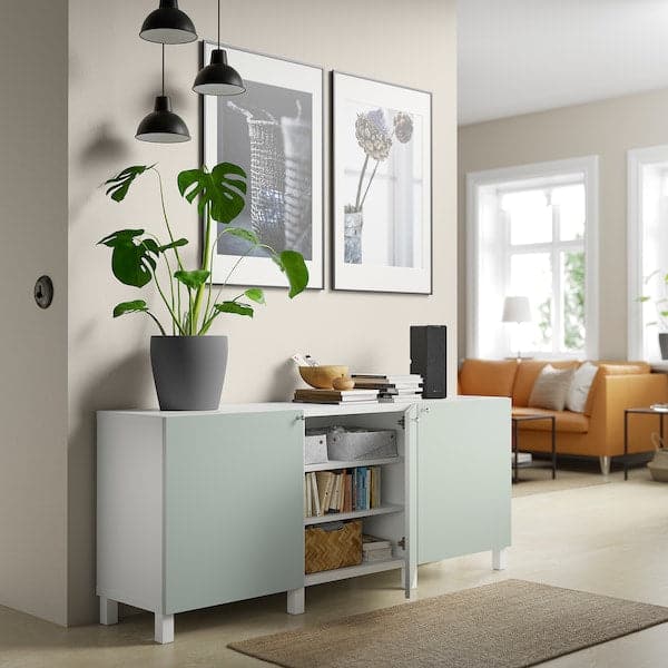 Ikea BESTÅ - Storage combination with doors, white/Hjortviken/Stubbarp pale grey-green, 180x42x74 cm