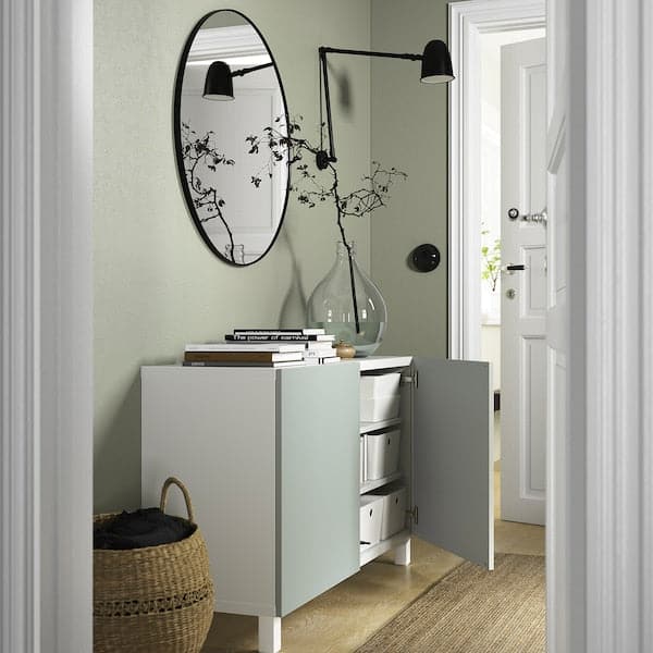 Ikea BESTÅ - Storage combination with doors, white/Hjortviken/Stubbarp pale grey-green, 120x42x74 cm
