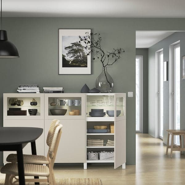 BESTÅ - Storage combination with doors, white Lappviken/light grey-beige clear glass, 180x42x112 cm - best price from Maltashopper.com 99421450