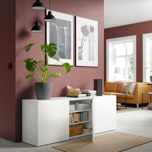 Ikea BESTÅ - Storage combination with doors, white/Selsviken high-gloss/white, 180x42x65 cm