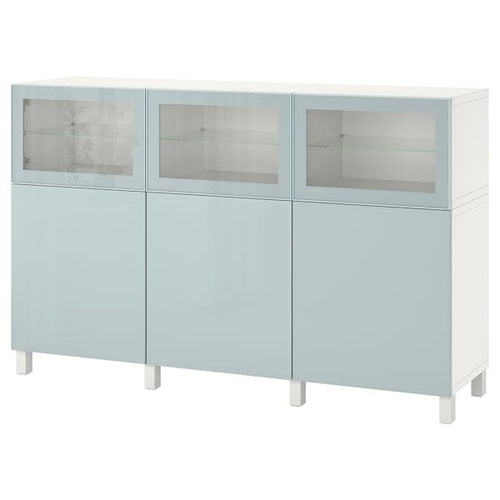 BESTÅ - Storage combination with doors, white Selsviken/high-gloss light grey-blue, 180x42x112 cm