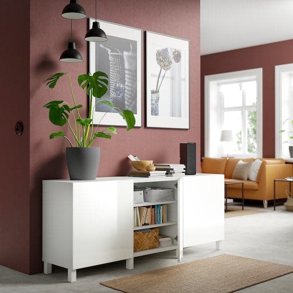 BESTÅ - Storage combination with doors, white/Selsviken/Stubbarp high-gloss/white, 180x42x74 cm - best price from Maltashopper.com 89139819