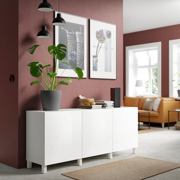 Ikea BESTÅ - Storage combination with doors, white/Selsviken/Stubbarp high-gloss/white, 180x42x74 cm