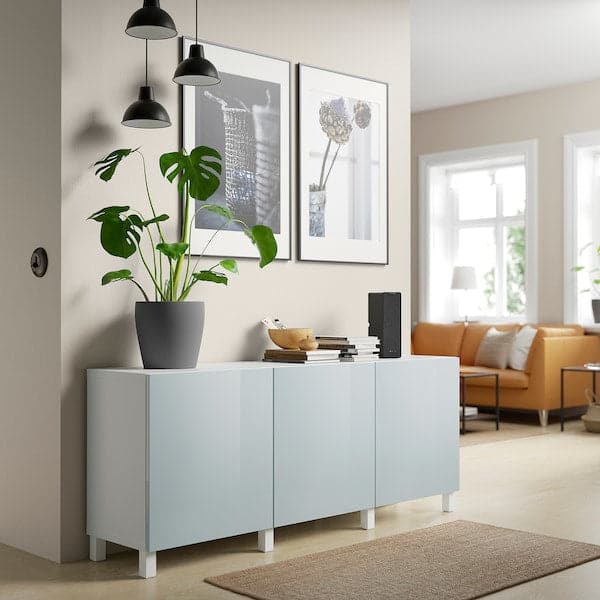 BESTÅ - Storage combination with doors, white Selsviken/Stubbarp/high-gloss light grey-blue, 180x42x74 cm - best price from Maltashopper.com 09421732