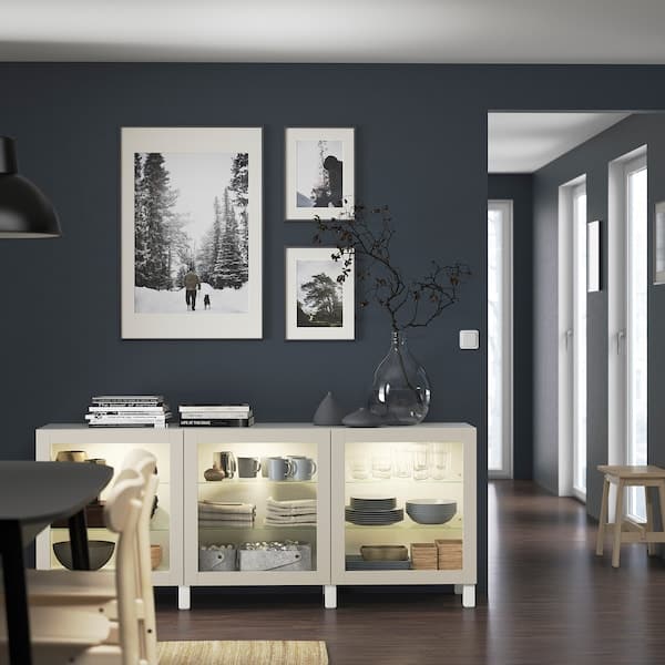 Ikea BESTÅ - Storage combination with doors, white Sindvik/Stubbarp/light grey-beige clear glass, 180x42x74 cm