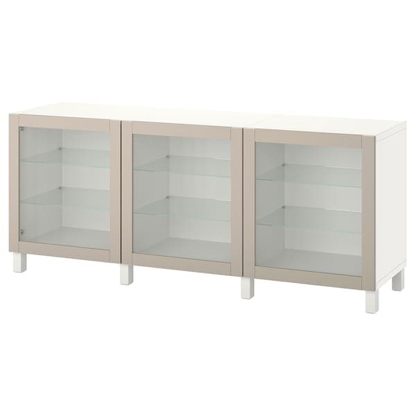 BESTÅ - Storage combination with doors, white Sindvik/Stubbarp/light grey-beige clear glass, 180x42x74 cm - best price from Maltashopper.com 69421767