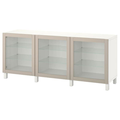 BESTÅ - Storage combination with doors, white Sindvik/Stubbarp/light grey-beige clear glass, 180x42x74 cm