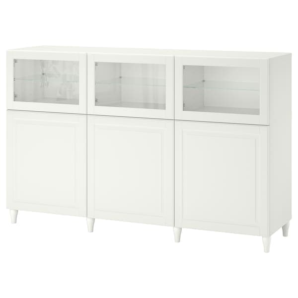 BESTÅ - Storage combination with doors, white/Smeviken/Kabbarp white clear glass, 180x42x112 cm