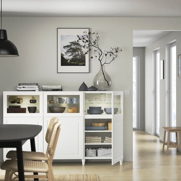 BESTÅ - Storage combination with doors, white/Smeviken/Kabbarp white clear glass, 180x42x112 cm - best price from Maltashopper.com 29384347