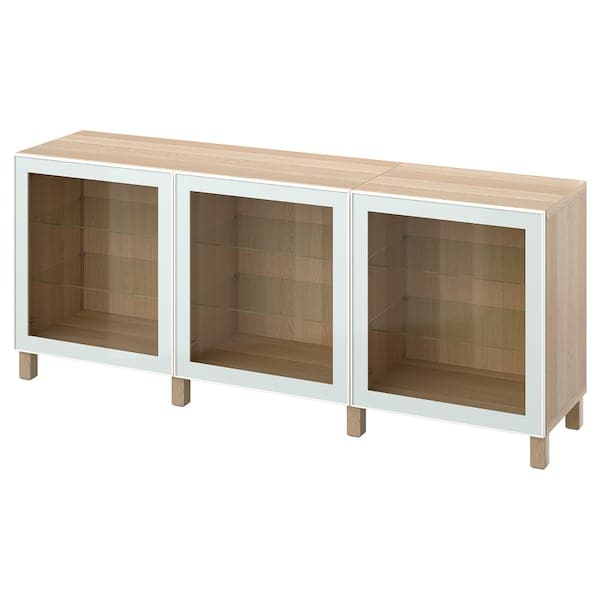 BESTÅ - Storage combination with doors, white stained oak effect Glassvik/Stubbarp/white/light green clear glass, 180x42x74 cm