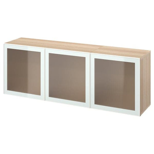 BESTÅ - Storage combination with doors, white stained oak effect Glassvik/white/light green frosted glass, 180x42x65 cm
