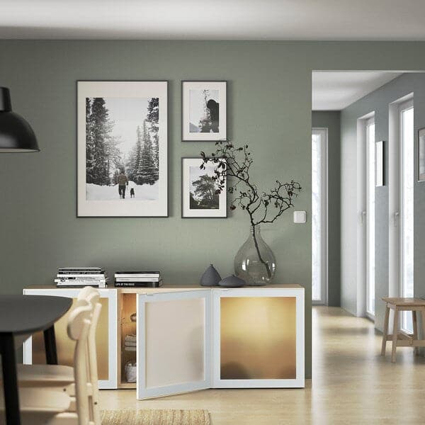 Ikea BESTÅ - Storage combination with doors, white stained oak effect Glassvik/white/light green frosted glass, 180x42x65 cm
