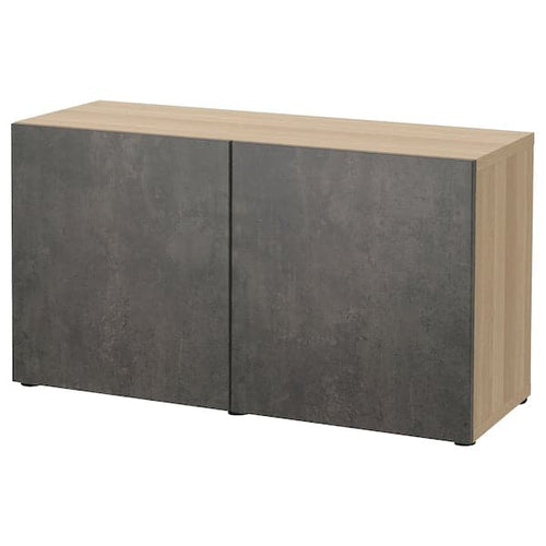 BESTÅ - Storage combination with doors, white stained oak effect Kallviken/dark grey concrete effect, 120x42x65 cm