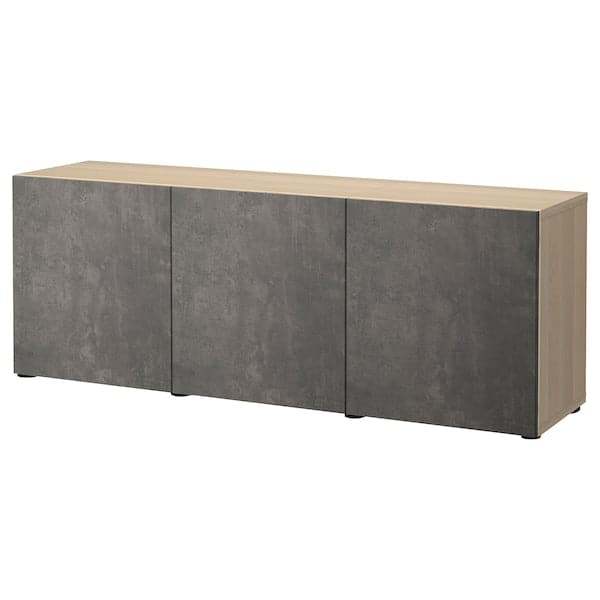 BESTÅ - Storage combination with doors, white stained oak effect Kallviken/dark grey concrete effect, 180x42x65 cm