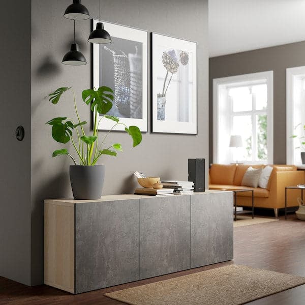 BESTÅ - Storage combination with doors, white stained oak effect Kallviken/dark grey concrete effect, 180x42x65 cm - best price from Maltashopper.com 99325000